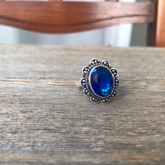 Sterling silver plated blue quartz cocktail ring oval scrollwork boho jewelry - Picture 4 of 7